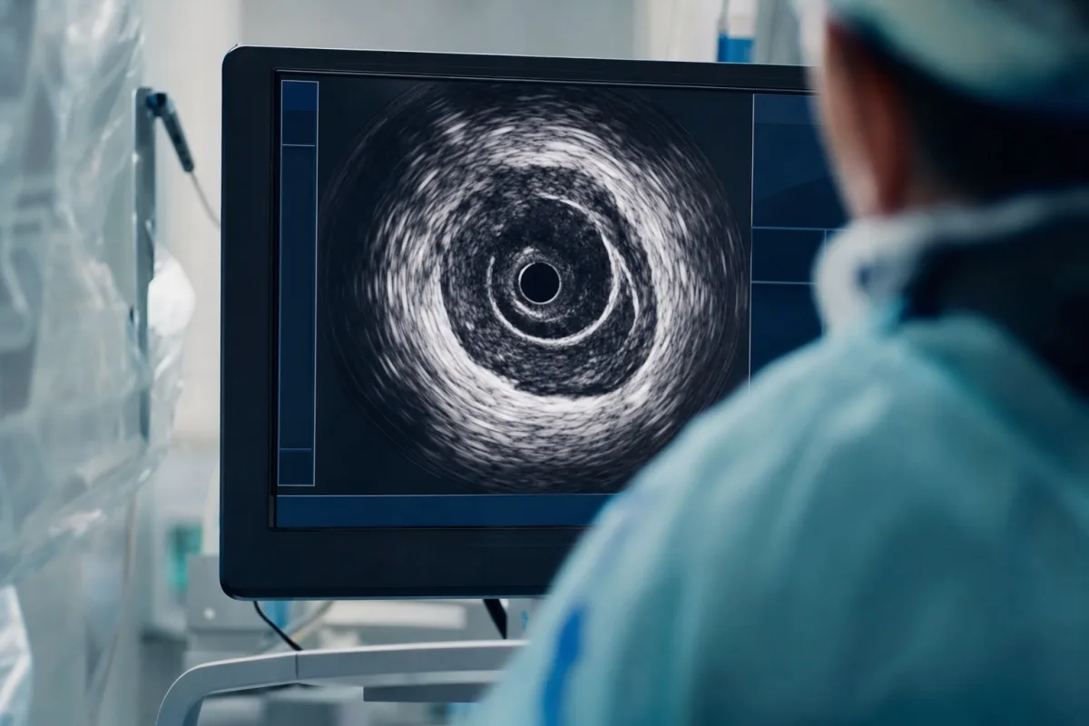 IVUS (damar içi ultrason) konsolunda koroner damarın kesit görüntüsü (temsili görsel)