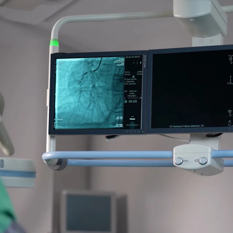 Kateter laboratuvarında koroner girişim sırasında anjiyografi monitörü ve kateteri tutan eldivenli eller