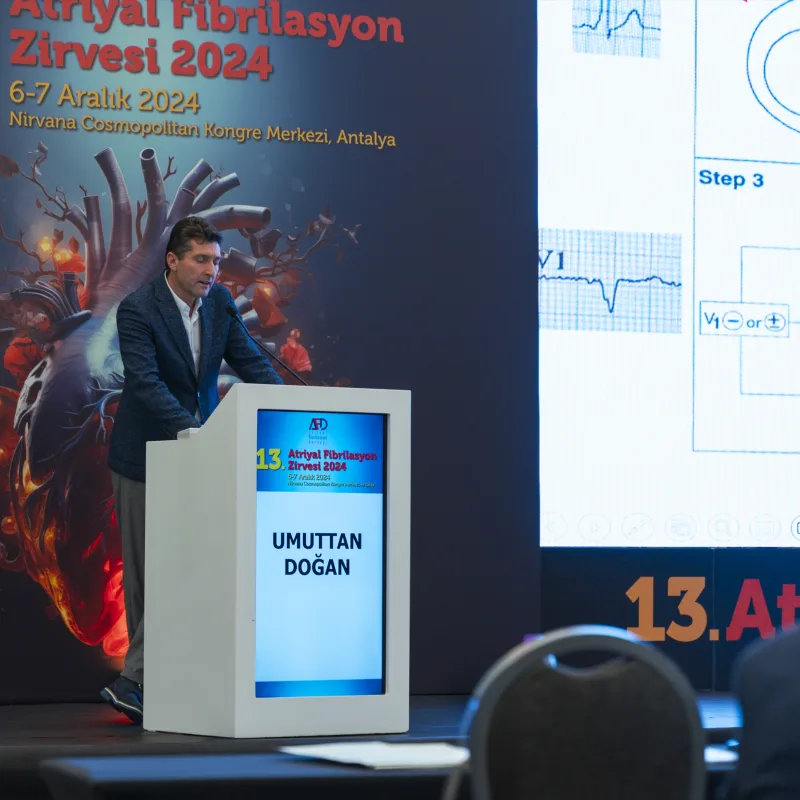 Prof. Dr. Umuttan Doğan 13. Atriyal Fibrilasyon Zirvesi’nde kürsüde, arkasında EKG algoritması slaytı